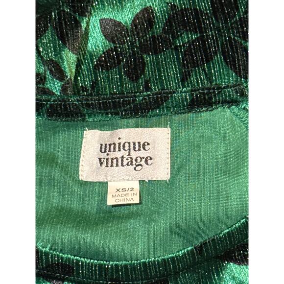 Unique Vintage Green Floral Sparkle Velvet Dress XS 2 NWOT - Picture 2 of 3